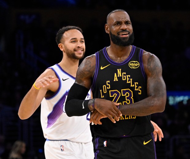 Lakers star LeBron James reacts toward an official after a...