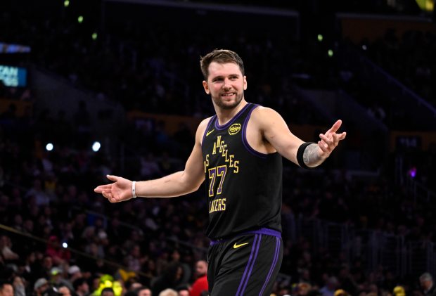 Lakers star Luka Doncic reacts during the second half of...