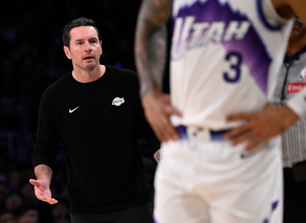 Lakers head coach JJ Redick reacts on the sideline during...