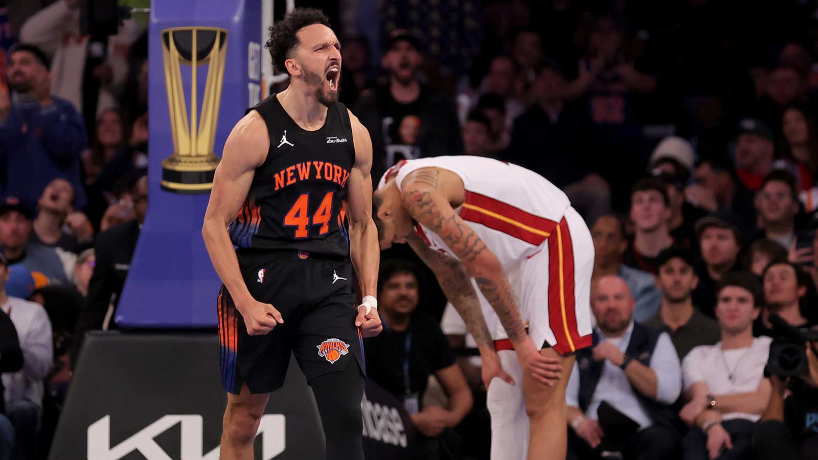New York Knicks guard Landry Shamet (44) reacts in front of Miami Heat center Kel'el Ware (7) during the fourth quarter at Madison Square Garden.
