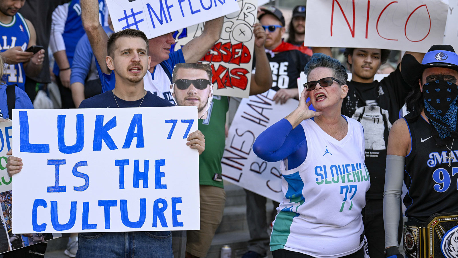Dallas Mavericks fans gather outside the arena before the game between the Dallas and the Houston Rockets to protest the Nico Harrison trade of former Mavericks point guard Luka Doncic to the Los Angeles Lakers.