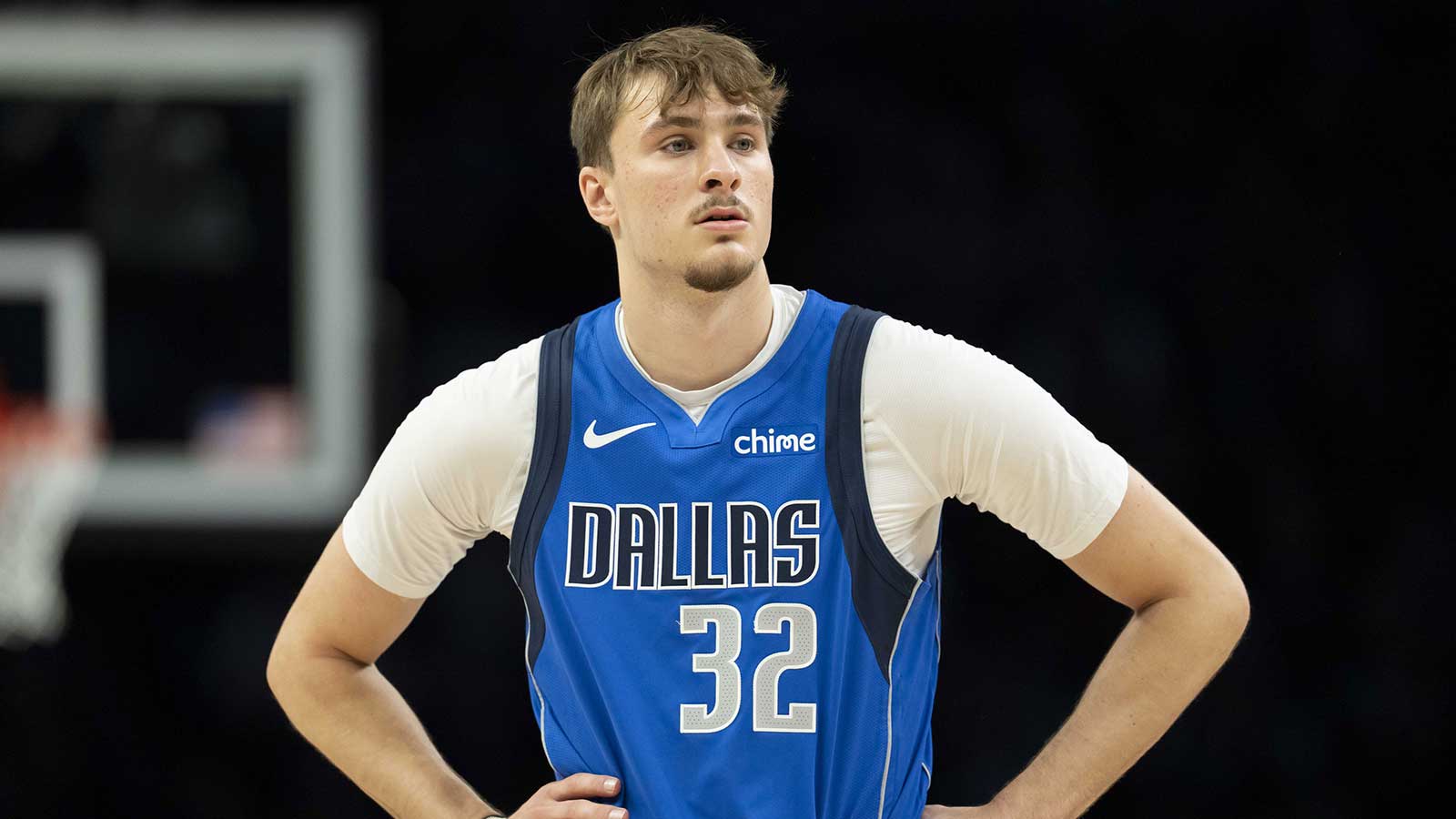 Mavericks forward Cooper Flagg (32) looks on against the Minnesota Timberwolves in the first half at Target Center