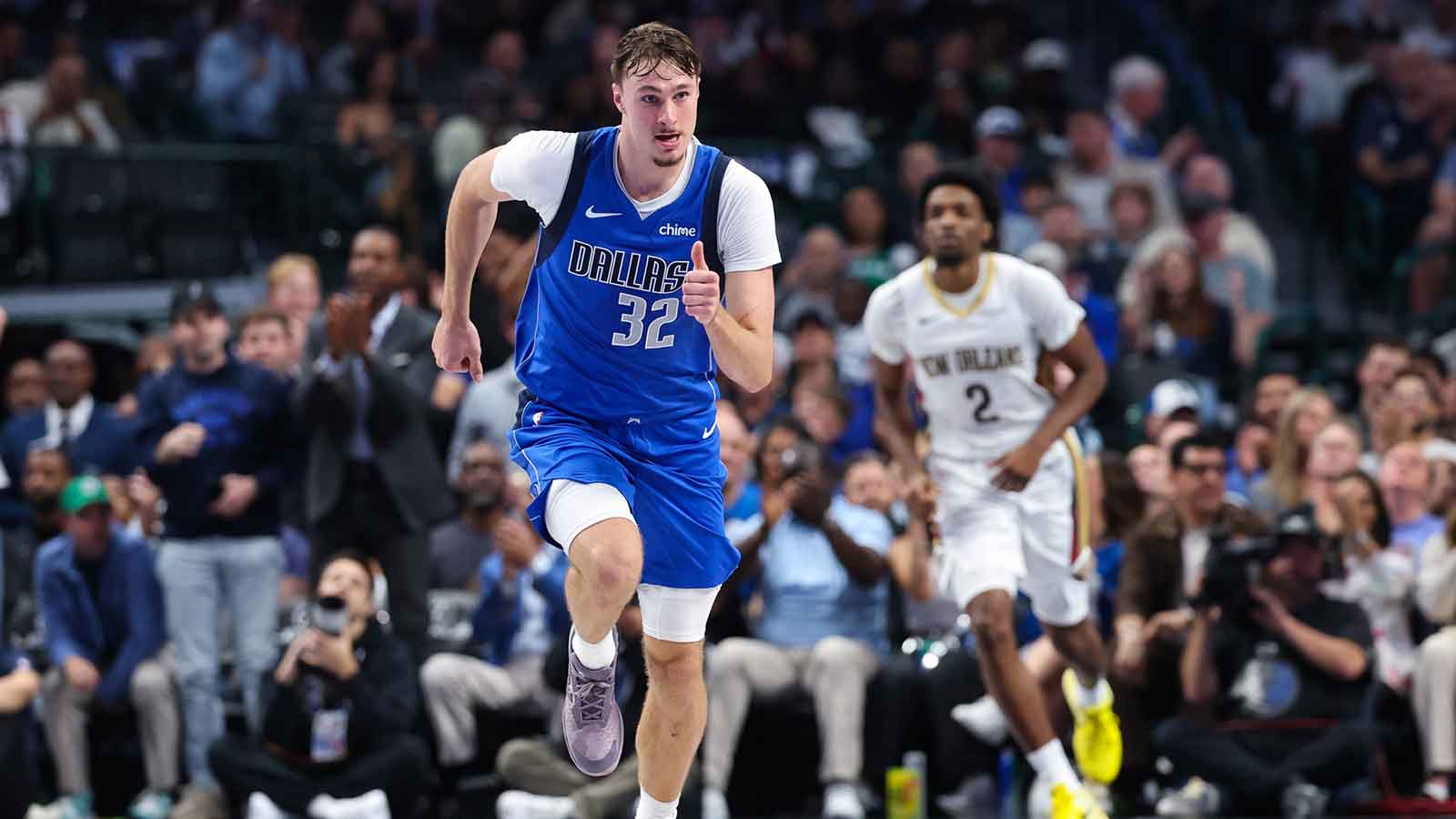 Mavericks forward Cooper Flagg (32) runs up the court after scoring during the first half against the New Orleans Pelicans at American Airlines Center