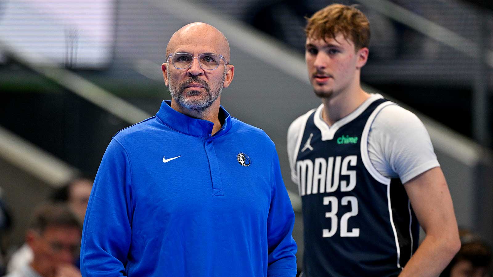 Mavericks head coach Jason Kidd and forward Cooper Flagg (32) look on during the second quarter against the LA Clippers in an NBA Cup game at the American Airlines Center