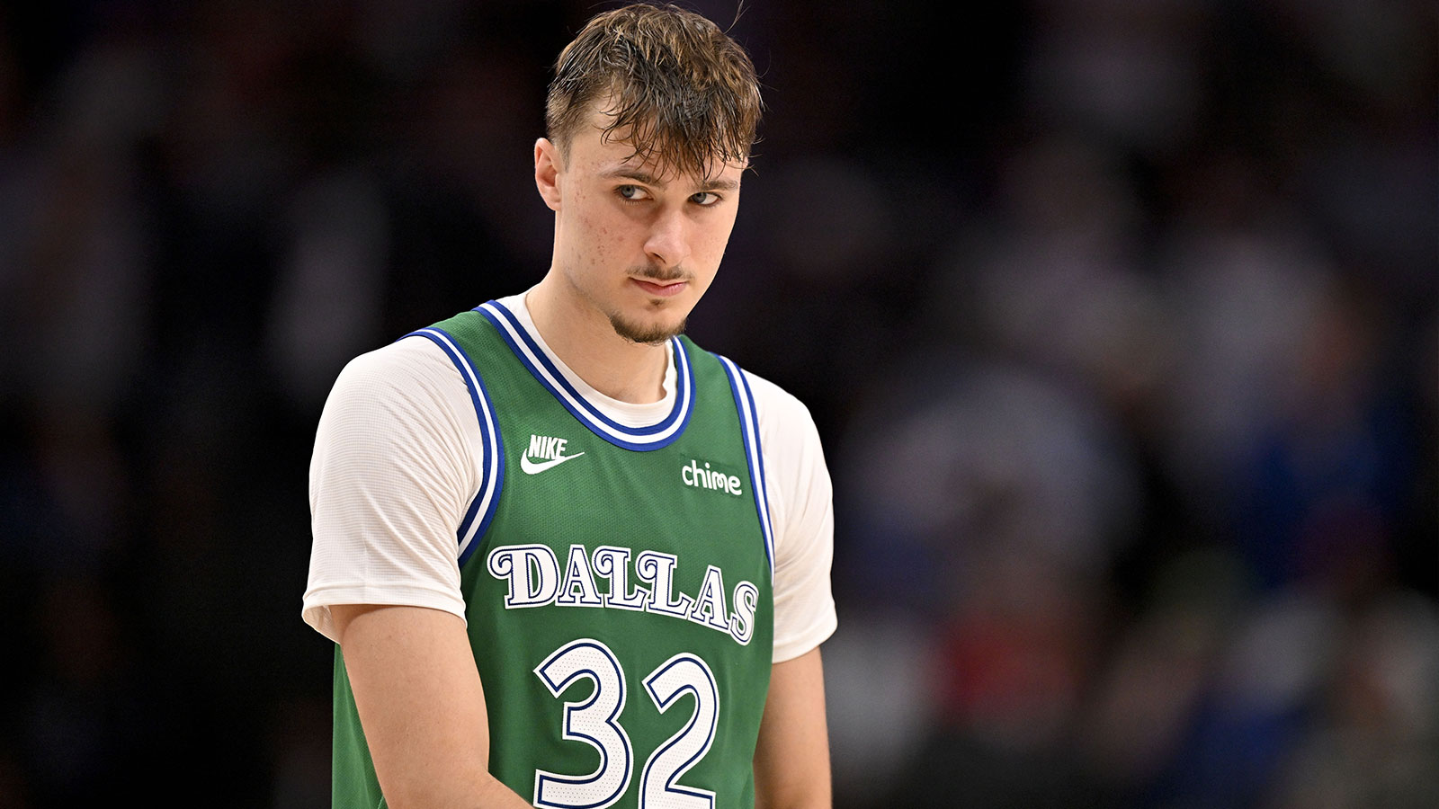 Dallas Mavericks forward Cooper Flagg (32) looks on during the second half against the Oklahoma City Thunder at the American Airlines Center.