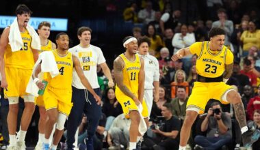 Michigan Wolverines forward Yaxel Lendeborg (23) reacts in the second half against the Gonzaga Bulldogs in the 2025 Players Era Festival championship game at MGM Grand Garden Arena.