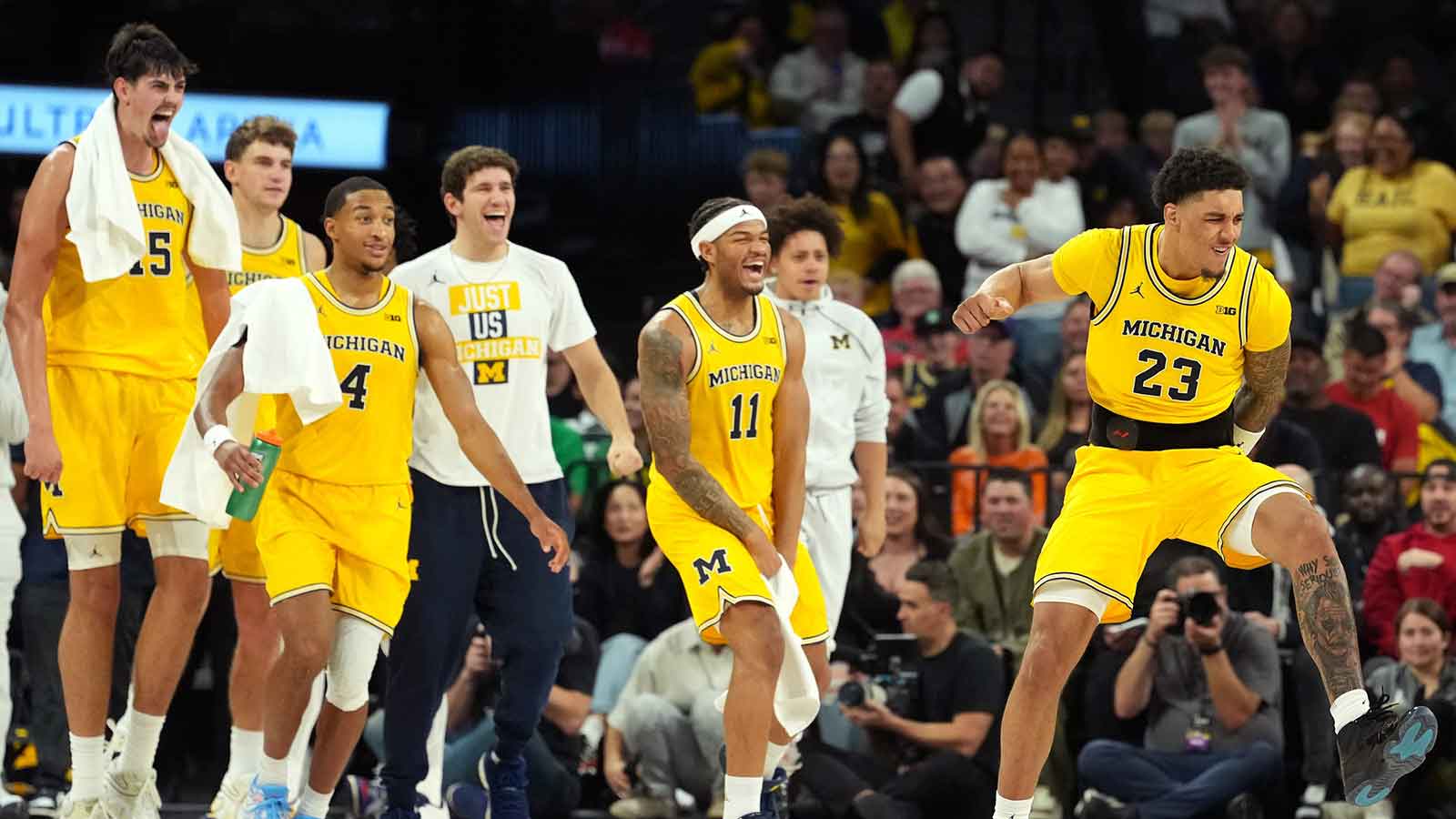 Michigan Wolverines forward Yaxel Lendeborg (23) reacts in the second half against the Gonzaga Bulldogs in the 2025 Players Era Festival championship game at MGM Grand Garden Arena.