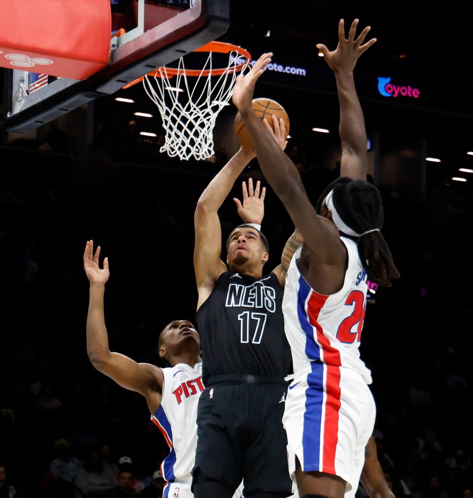 Brooklyn Nets forward Michael Porter Jr. puts up a shot past Detroit Pistons defense in the first half at the Barclays Center in Brooklyn, New York, November 07, 2025. 