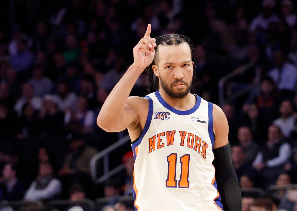 Jalen Brunson #11 of the New York Knicks reacts on the court during the second half.