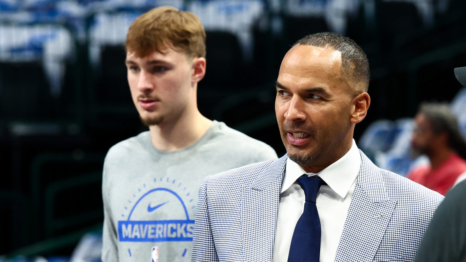 Dallas Mavericks general manager Nico Harrison and Dallas Mavericks forward Cooper Flagg (32) before the game against the San Antonio Spurs at American Airlines Center. 