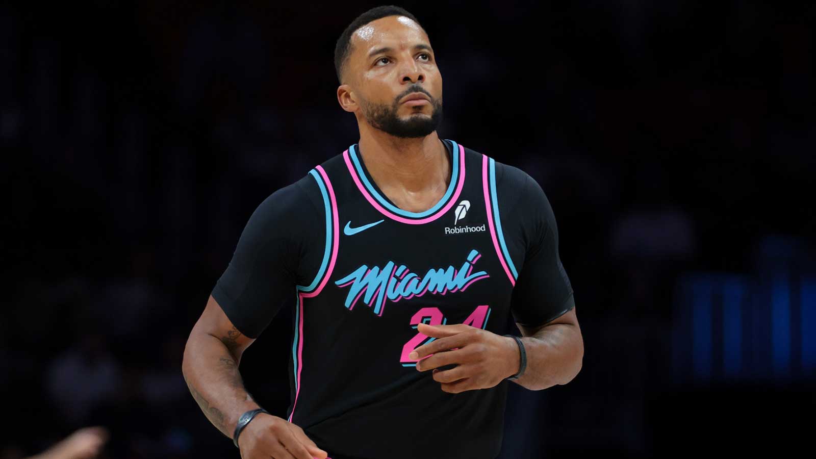 Miami Heat guard Norman Powell (24) looks on after scoring against the Cleveland Cavaliers during the first quarter at Kaseya Center. 