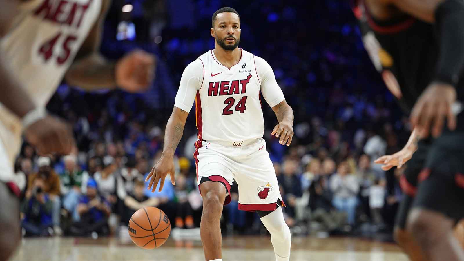 Miami Heat guard Norman Powell (24) controls the ball against the Philadelphia 76ers in the second quarter at Xfinity Mobile Arena.