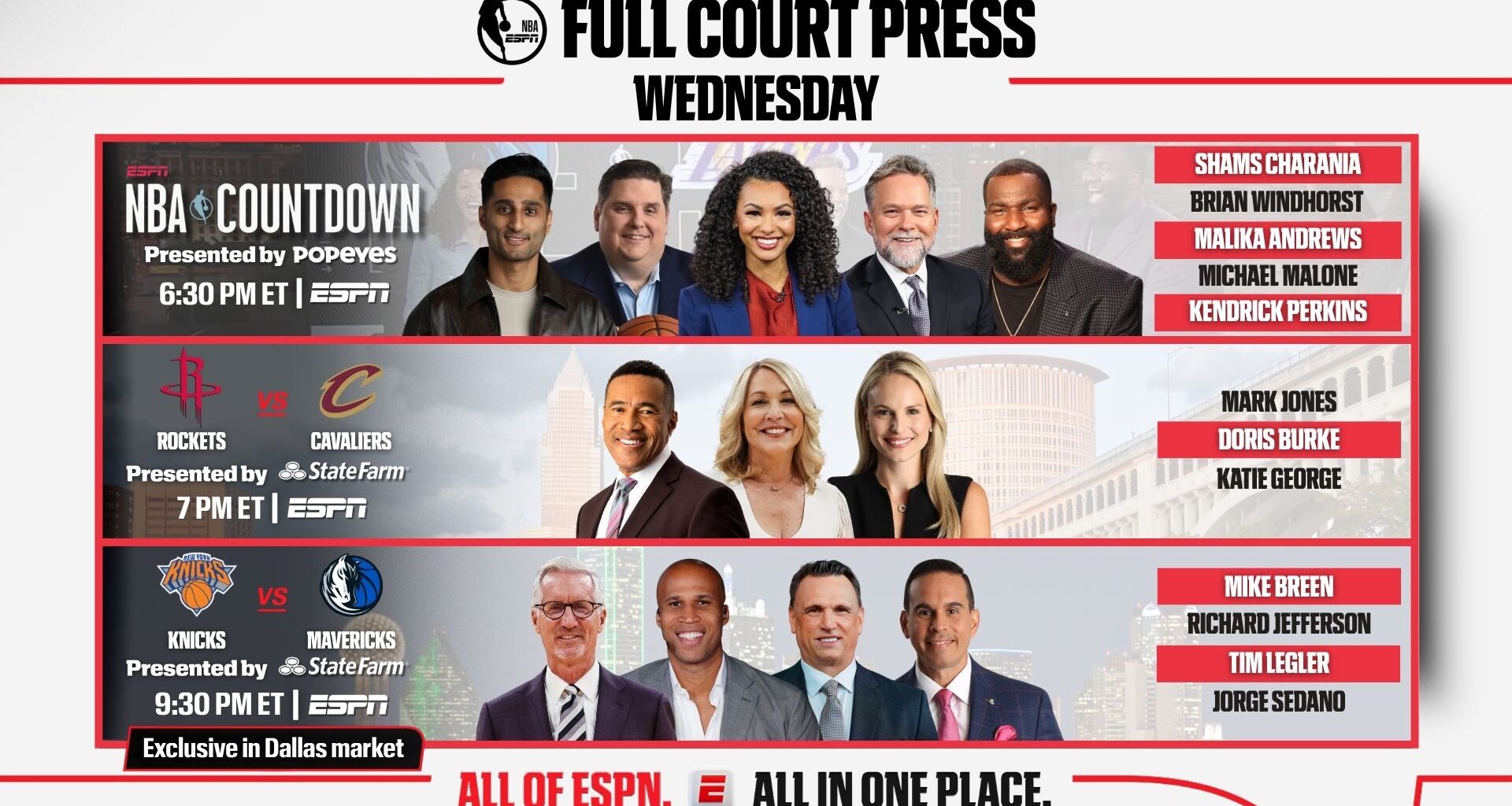 ESPN NBA Full Court Press: Houston Rockets and Kevin Durant visit the Cleveland Cavaliers and Donovan Mitchell on Wednesday