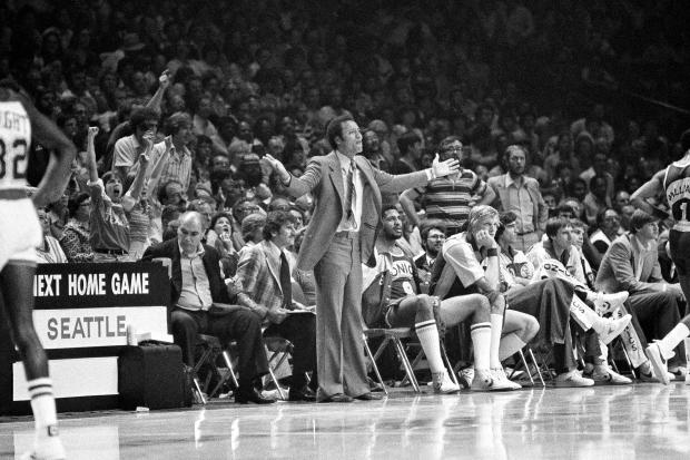 FILE – Seattle Supersonic head coach Lenny Wilkens gestures with...