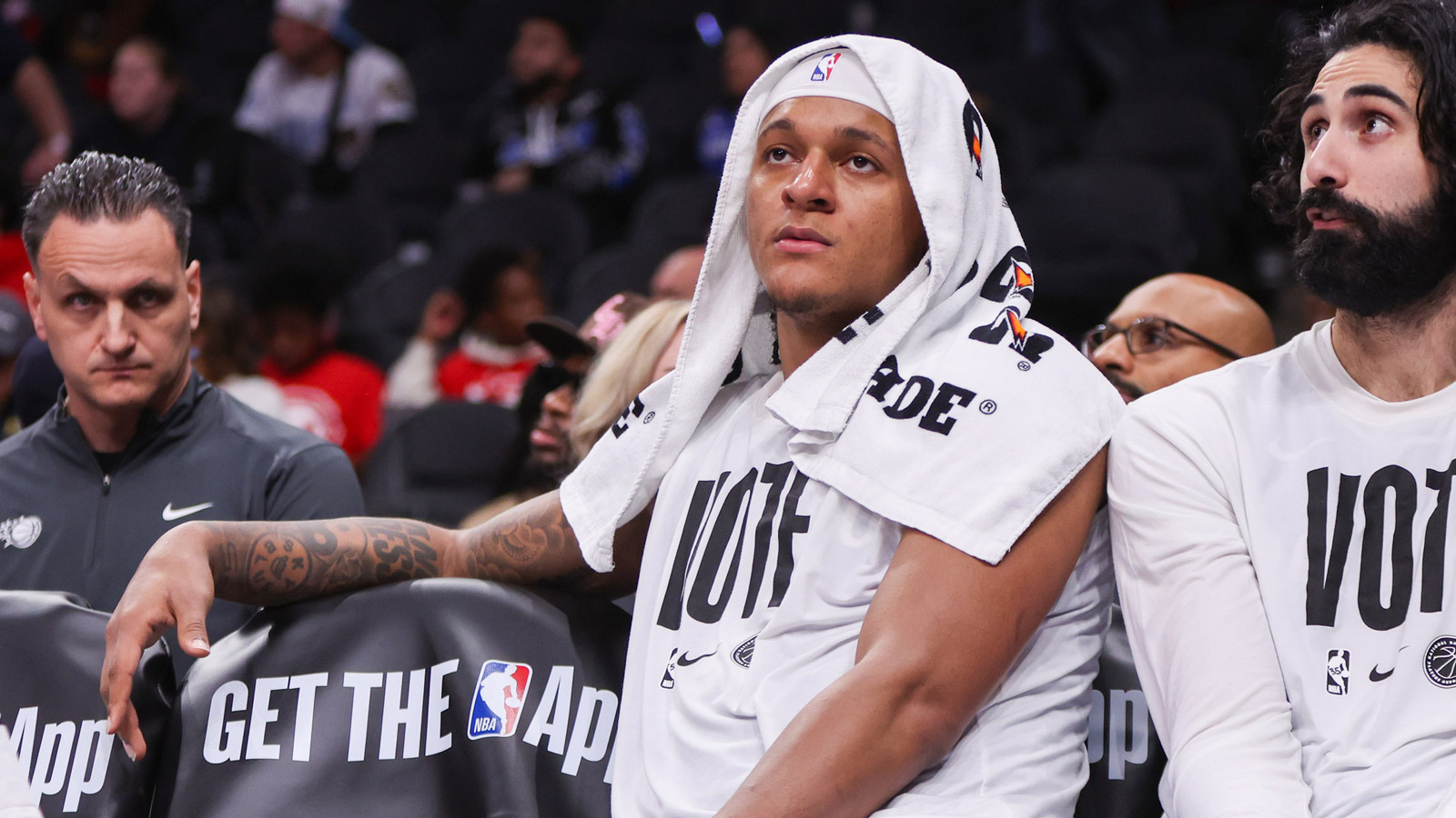 Orlando Magic forward Paolo Banchero (5) on the bench against the Atlanta Hawks in the fourth quarter at State Farm Arena.