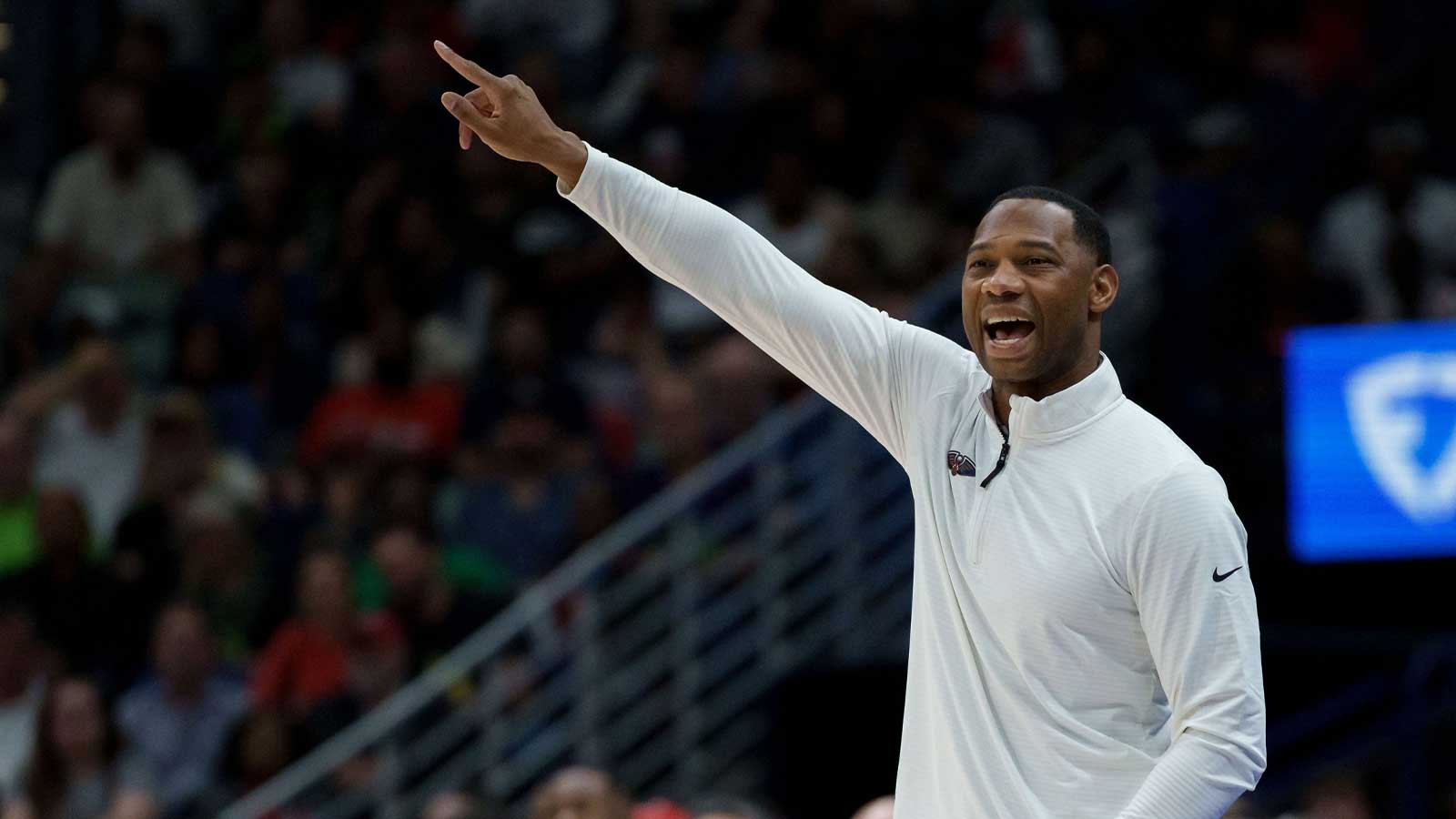 New Orleans Pelicans head coach Willie Green reacts during the first half against the Boston Celtics at Smoothie King Center.