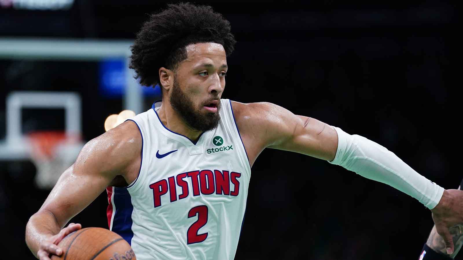 Pistons guard Cade Cunningham (2) drivers the ball against the Boston Celtics in the first quarter at TD Garden