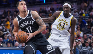Brooklyn Nets forward Michael Porter Jr. (17) looks to shoot on Indiana Pacers forward Pascal Siakam (43) during the first half of an NBA basketball game in Indianapolis, Wednesday, Nov. 5, 2025. (AP Photo/Michael Conroy)