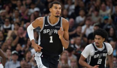 San Antonio Spurs center Victor Wembanyama (1) runs up-court during the second half of an NBA basketball game against the Toronto Raptors, Monday, Oct. 27, 2025, in San Antonio. (AP Photo/Darren Abate)