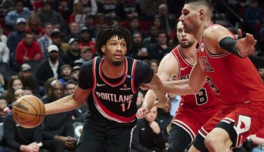 Jan 19, 2025; Portland, Oregon, USA; Portland Trail Blazers guard Shaedon Sharpe (17) drives to the basket during the second half against Chicago Bulls center Nikola Vucevic (9) at Moda Center. Mandatory Credit: Troy Wayrynen-Imagn Images