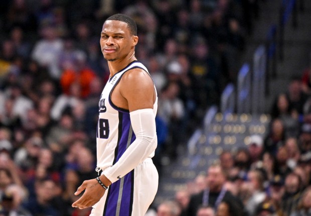 Russell Westbrook (18) of the Sacramento Kings reacts to being whistled for a charge call on Jamal Murray (27) of the Denver Nuggets during the fourth quarter of the Nuggets' 130-124 win at Ball Arena in Denver on Monday, Nov. 3, 2025. (Photo by AAron Ontiveroz/The Denver Post)