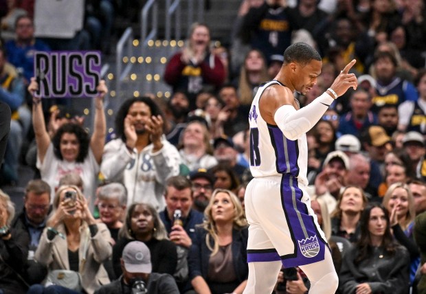 Denver Nuggets fans honor Russell Westbrook (18) of the Sacramento Kings during the first quarter at Ball Arena in Denver on Monday, Nov. 3, 2025. (Photo by AAron Ontiveroz/The Denver Post)