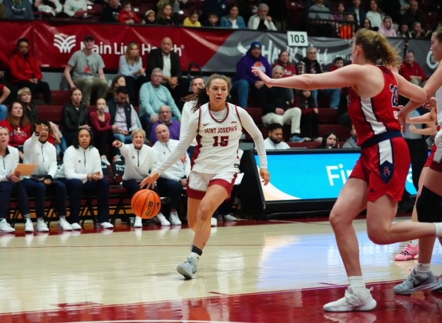 St. Joseph's guard Gabby Casey drives against Richmond on Saturday, March 1. Casey is a Quakertown native and graduate of Lansdale Catholic. (Photo courtesy of Sideline Photos)
