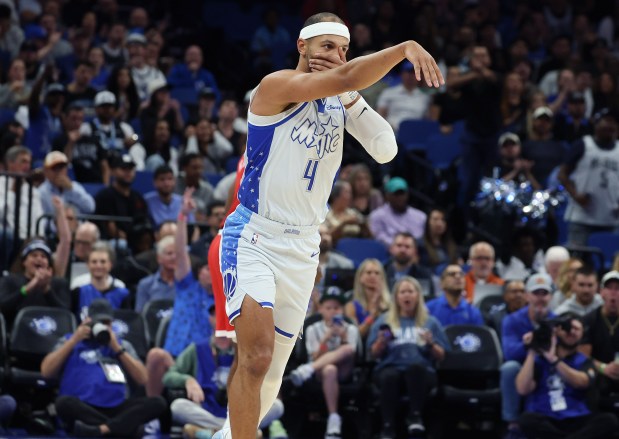 Orlando guard Jalen Suggs celebrates during the L.A. Clippers at...