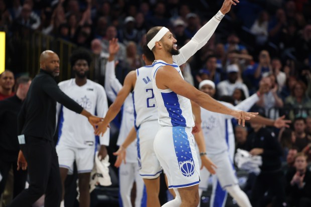 Orlando guard Jalen Suggs celebrates during the L.A. Clippers at...