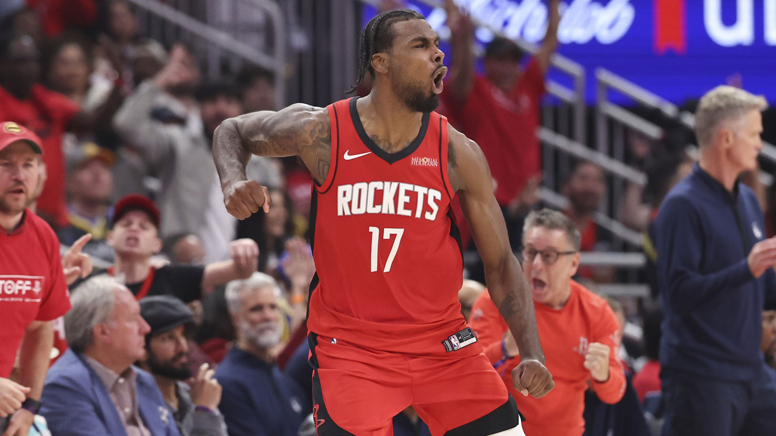 Houston Rockets forward Tari Eason (17) reacts after making a basket during the second quarter during game two of the first round for the 2024 NBA Playoffs against the Golden State Warriors at Toyota Center.