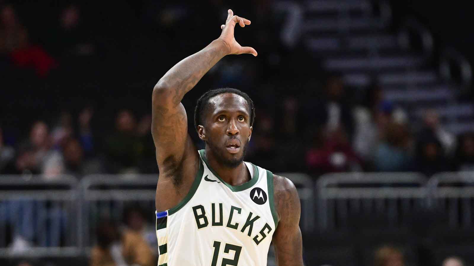 Milwaukee Bucks guard Taurean Prince (12) reacts after scoring a basket in the 3rd quarter against the Detroit Pistons at Fiserv Forum.