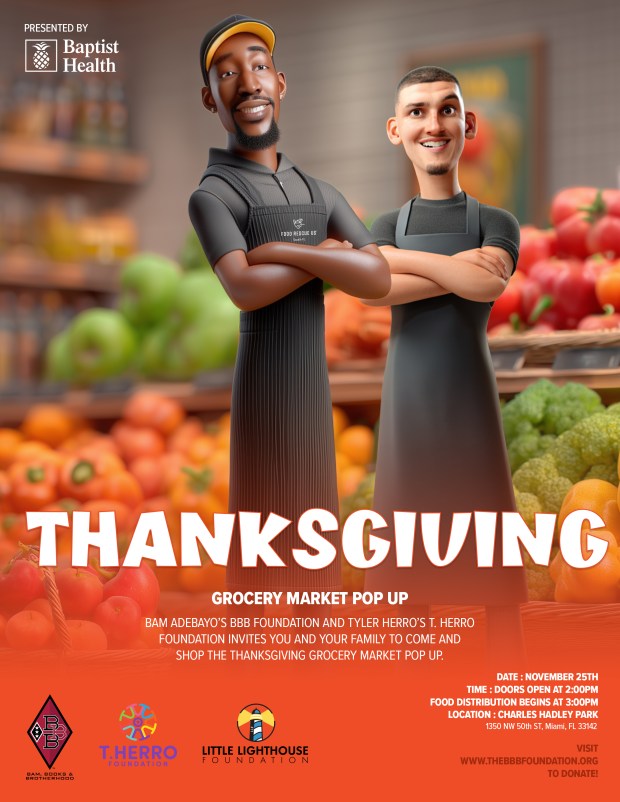 The promotional flyer for the Thanksgiving event hosted Tuesday by the Heat's Bam Adebayo and Tyler Herro. (Courtesy OnDecker).