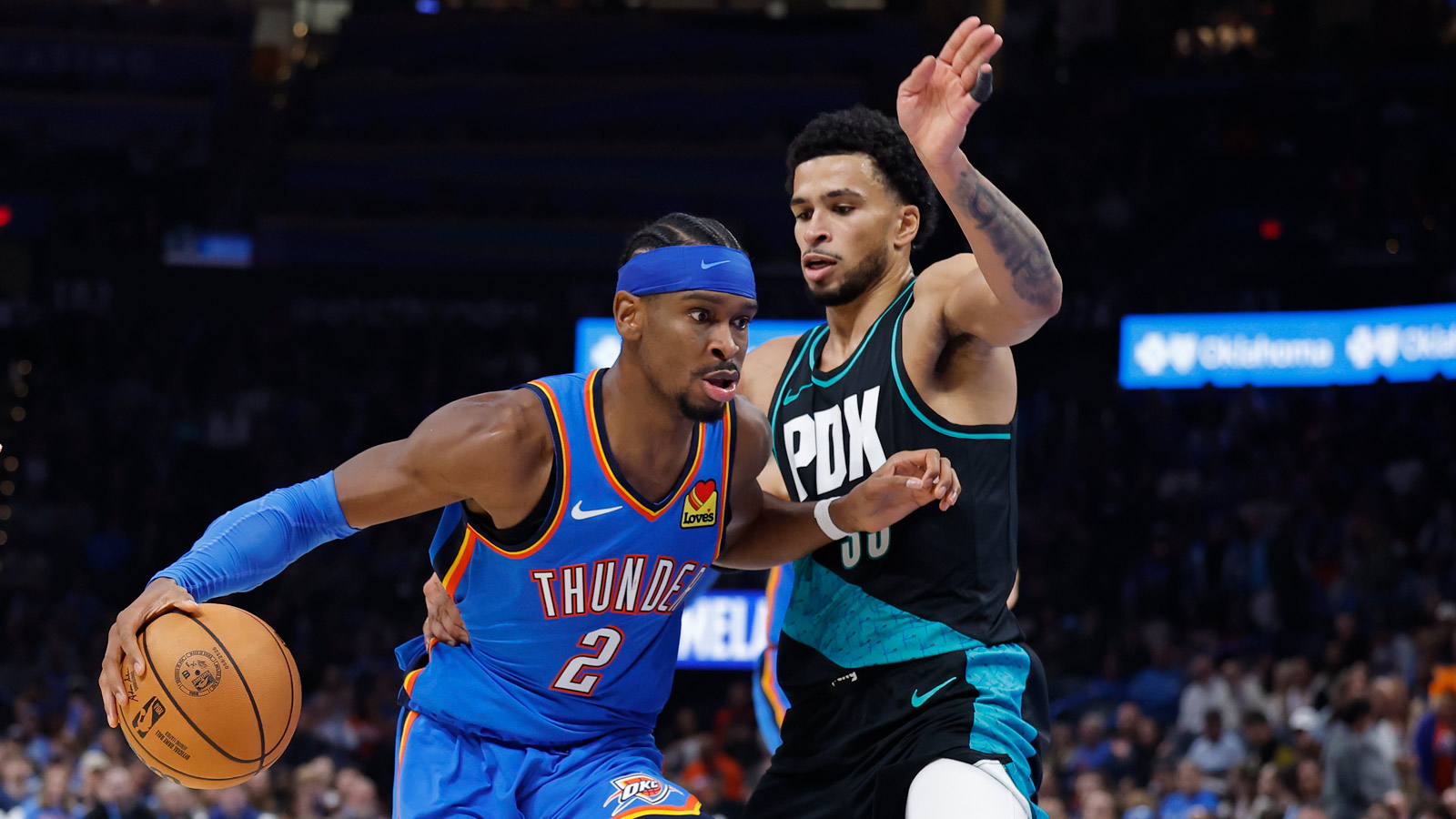 Thunder guard Shai Gilgeous-Alexander (2) moves past Portland Trail Blazers forward Toumani Camara (33) during the second half at Paycom Center