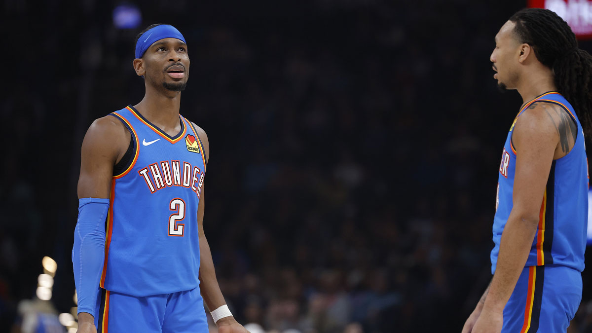 Thunder guard Shai Gilgeous-Alexander (2) and forward Jaylin Williams (6) react after an officials call after a play against the Washington Wizards during the second quarter at Paycom Center