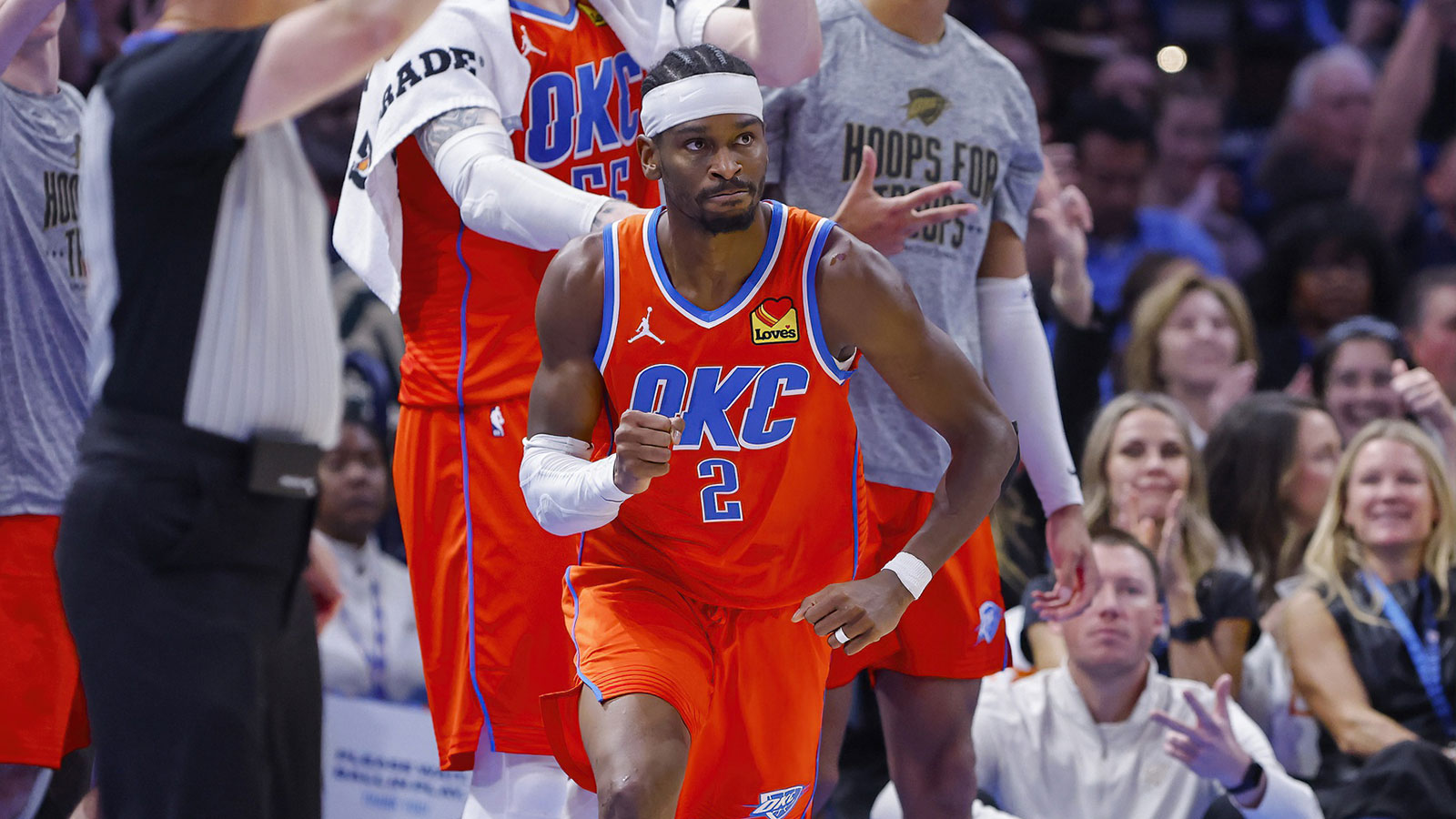 Thunder guard Shai Gilgeous-Alexander (2) reacts after scoring against the Golden State Warriors during the second half at Paycom Center