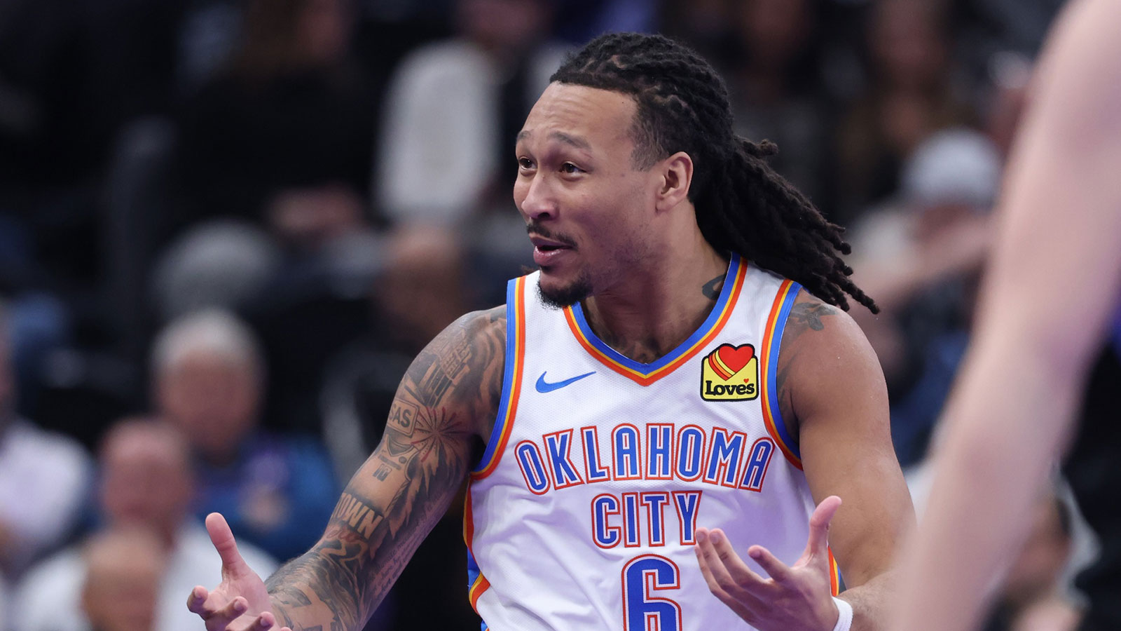 Thunder forward Jaylin Williams (6) reacts to a play against the Utah Jazz during the second half at Delta Center
