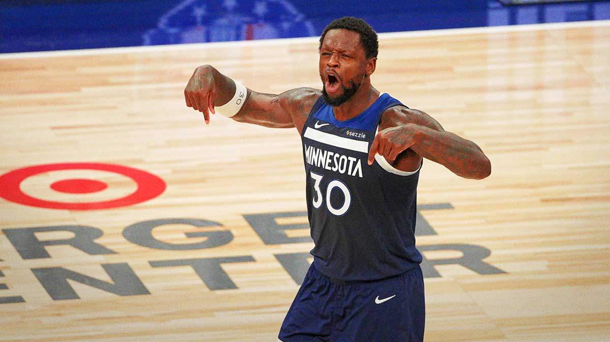 Minnesota Timberwolves forward Julius Randle (30) reacts against the Oklahoma City Thunder during the second half in game three of the western conference finals for the 2025 NBA Playoffs at Target Center.