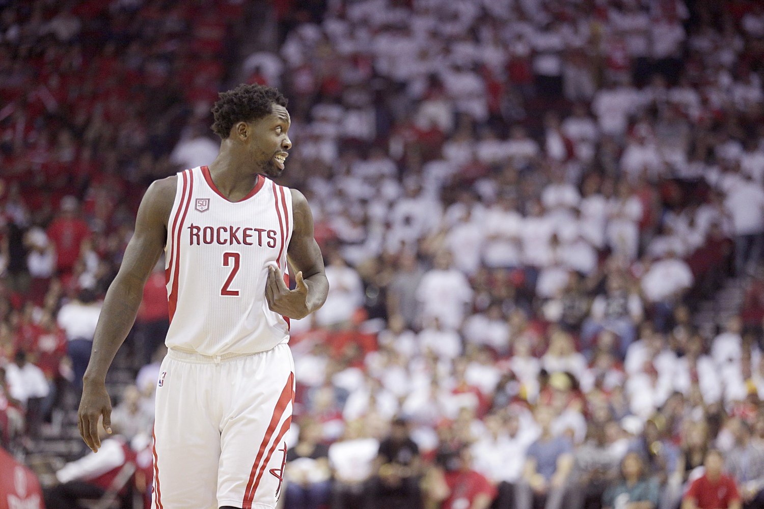 Houston Rockets guard Patrick Beverley (2) argues a call while playing against the San Antonio Spurs in second half in game three of the second round of the 2017 NBA Playoffs at Toyota Center.