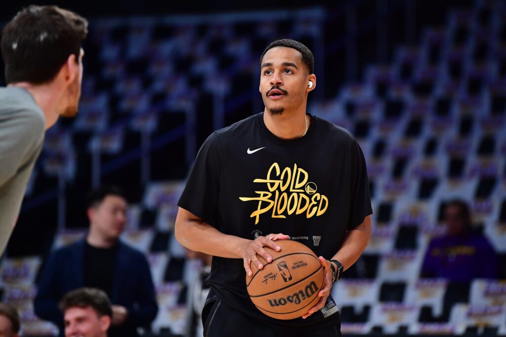 May 6, 2023; Los Angeles, California, USA; Golden State Warriors guard Jordan Poole (3) before playing against the Los Angeles Lakers in game three of the 2023 NBA playoffs at Crypto.com Arena. Mandatory Credit: Gary A. Vasquez-USA TODAY Sports