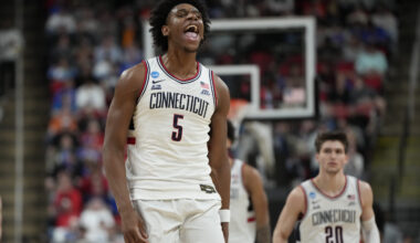 UConn Guard Azzi Fudd takes a shot against Louisville