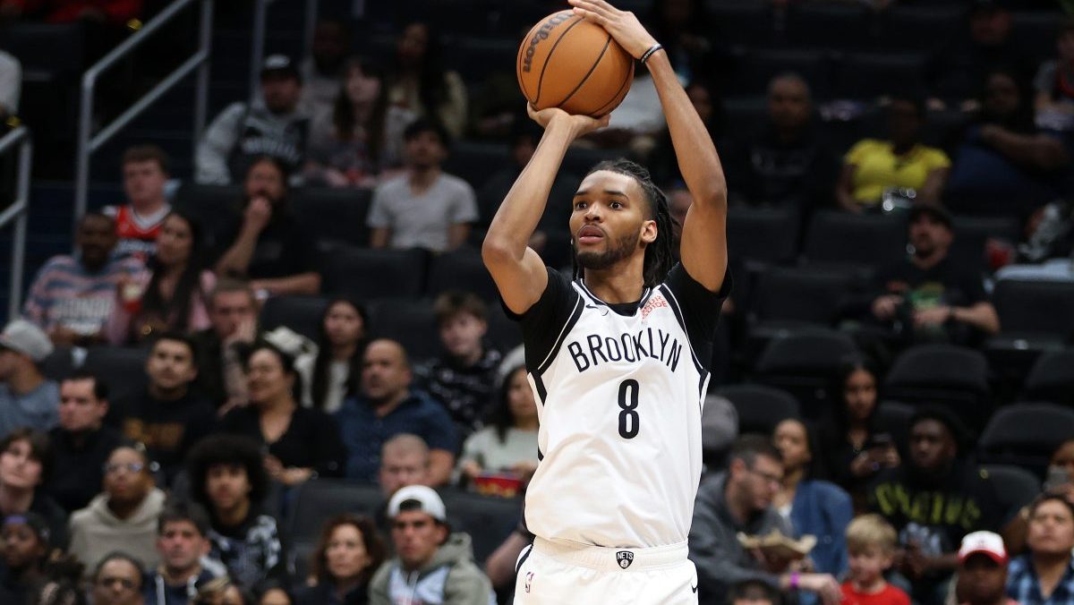 Brooklyn Nets forward Ziaire Williams (8) takes a shot during the first half against the Washington Wizards at Capital One Arena.