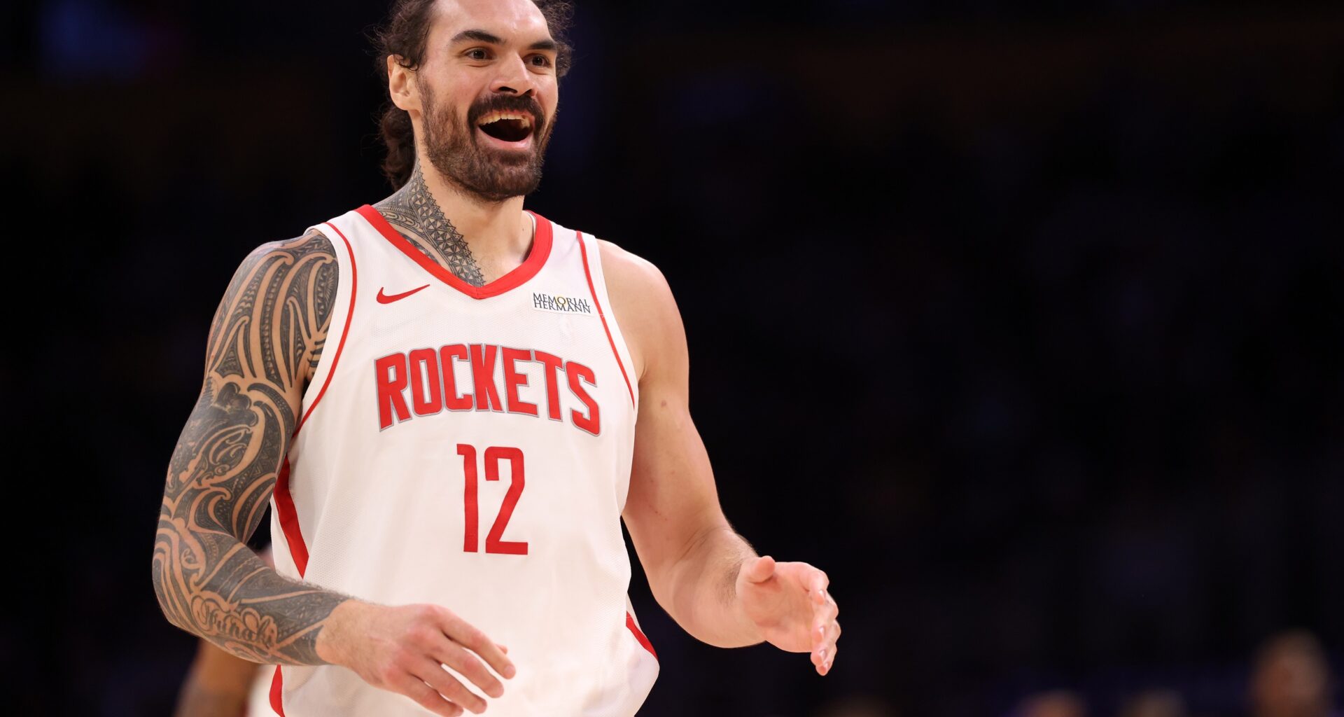 Mar 31, 2025; Los Angeles, California, USA; Houston Rockets center Steven Adams (12) reacts to a play during the third quarter against the Los Angeles Lakers at Crypto.com Arena. Mandatory Credit: Kiyoshi Mio-Imagn Images