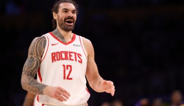 Mar 31, 2025; Los Angeles, California, USA; Houston Rockets center Steven Adams (12) reacts to a play during the third quarter against the Los Angeles Lakers at Crypto.com Arena. Mandatory Credit: Kiyoshi Mio-Imagn Images