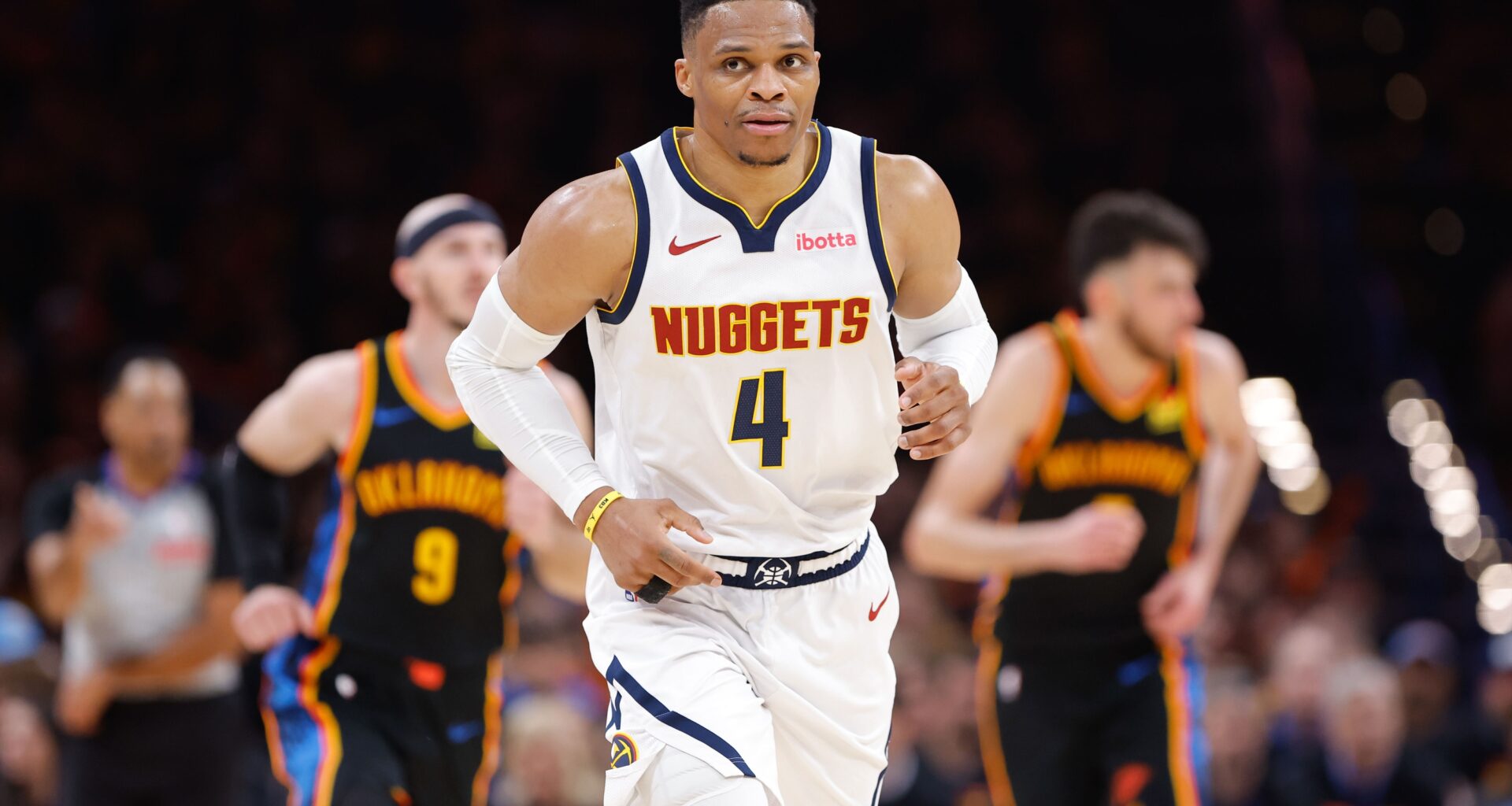 May 5, 2025; Oklahoma City, Oklahoma, USA; Denver Nuggets guard Russell Westbrook (4) runs down the court after a play against the Oklahoma City Thunder during the second half during game one of the second round for the 2025 NBA Playoffs at Paycom Center. Mandatory Credit: Alonzo Adams-Imagn Images