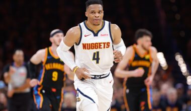 May 5, 2025; Oklahoma City, Oklahoma, USA; Denver Nuggets guard Russell Westbrook (4) runs down the court after a play against the Oklahoma City Thunder during the second half during game one of the second round for the 2025 NBA Playoffs at Paycom Center. Mandatory Credit: Alonzo Adams-Imagn Images