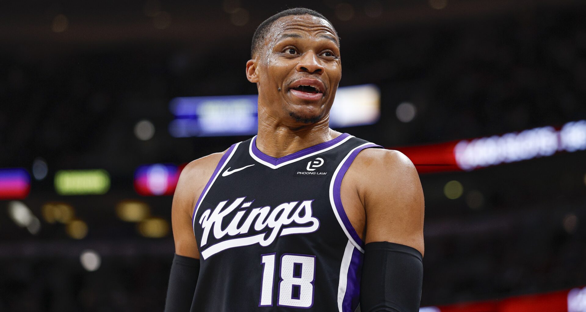 Kings guard Russell Westbrook reacts during a game against the Bulls in the 2025-26 NBA season.