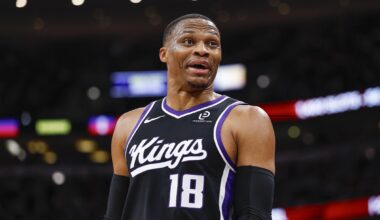 Kings guard Russell Westbrook reacts during a game against the Bulls in the 2025-26 NBA season.