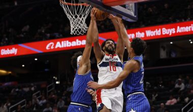 Nov 1, 2025; Washington, District of Columbia, USA; Washington Wizards forward Anthony Gill (16) attempts a shot as Orlando Magic forward Noah Penda (93) and Magic forward Tristan da Silva (23) defend in the second half at Capital One Arena. Mandatory Credit: Geoff Burke-Imagn Images