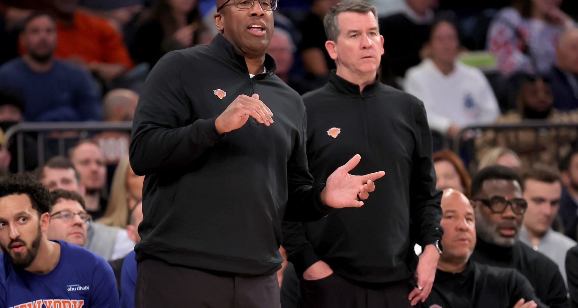 Nov 5, 2025; New York, New York, USA; New York Knicks head coach Mike Brown coaches against the Minnesota Timberwolves during the second quarter at Madison Square Garden. Mandatory Credit: Brad Penner-Imagn Images