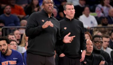 Nov 5, 2025; New York, New York, USA; New York Knicks head coach Mike Brown coaches against the Minnesota Timberwolves during the second quarter at Madison Square Garden. Mandatory Credit: Brad Penner-Imagn Images